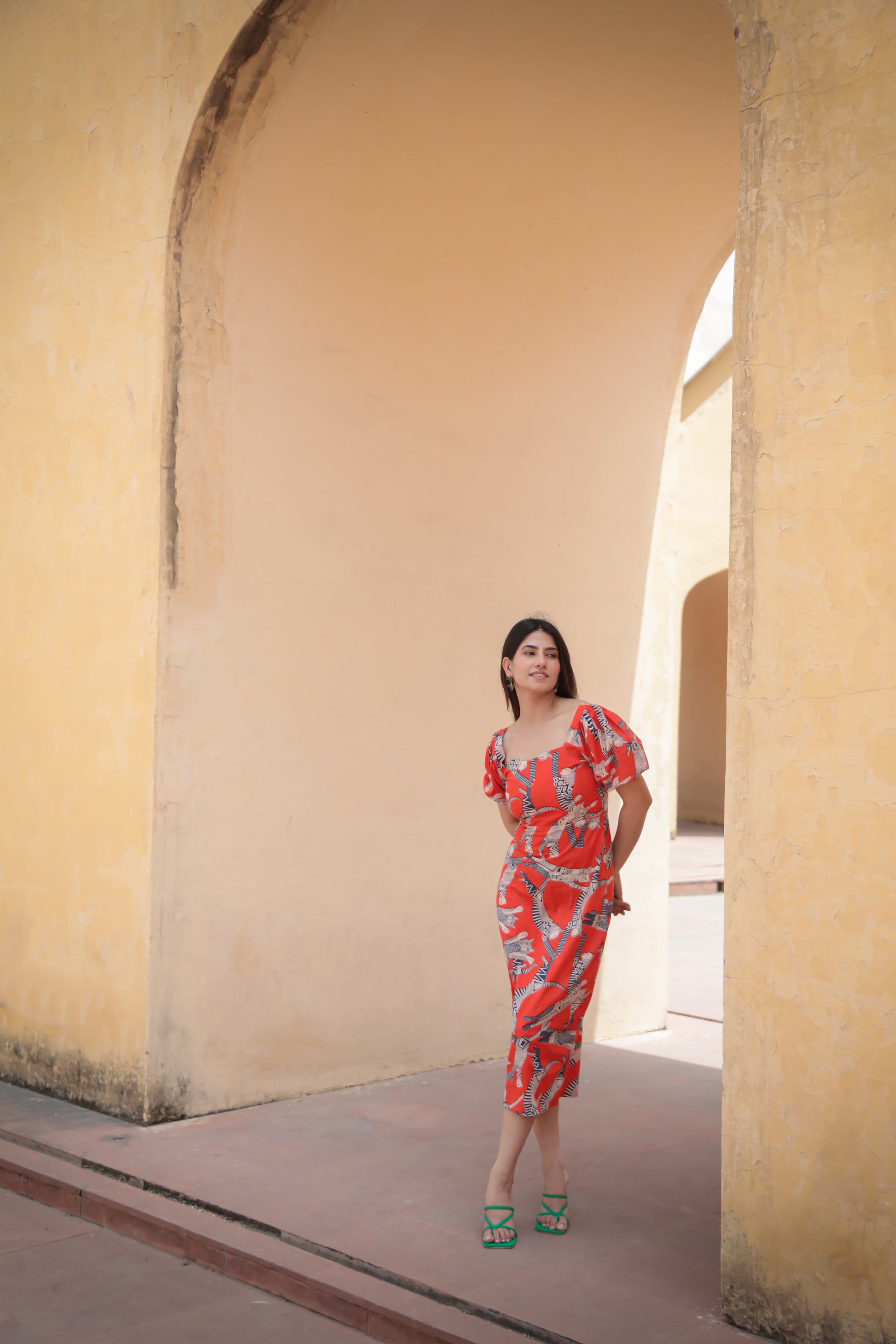 Cat print orange bodycon cotton midi dress
