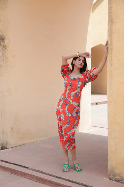 Cat print orange bodycon cotton midi dress