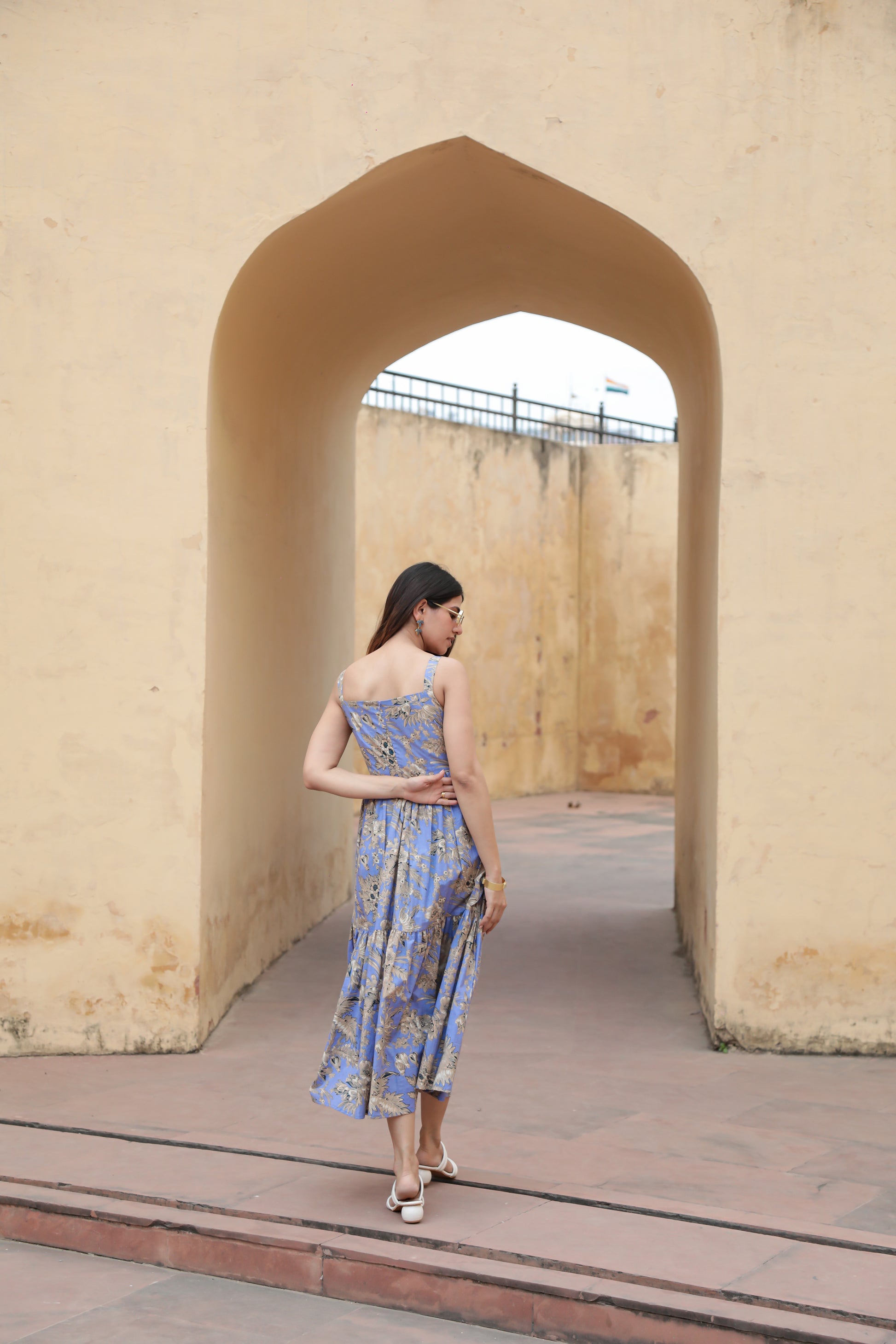 Lilac palm print strap midi dress