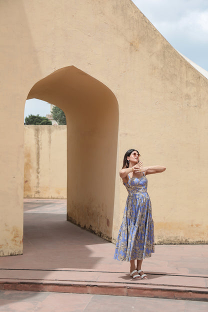 Lilac palm print strap midi dress