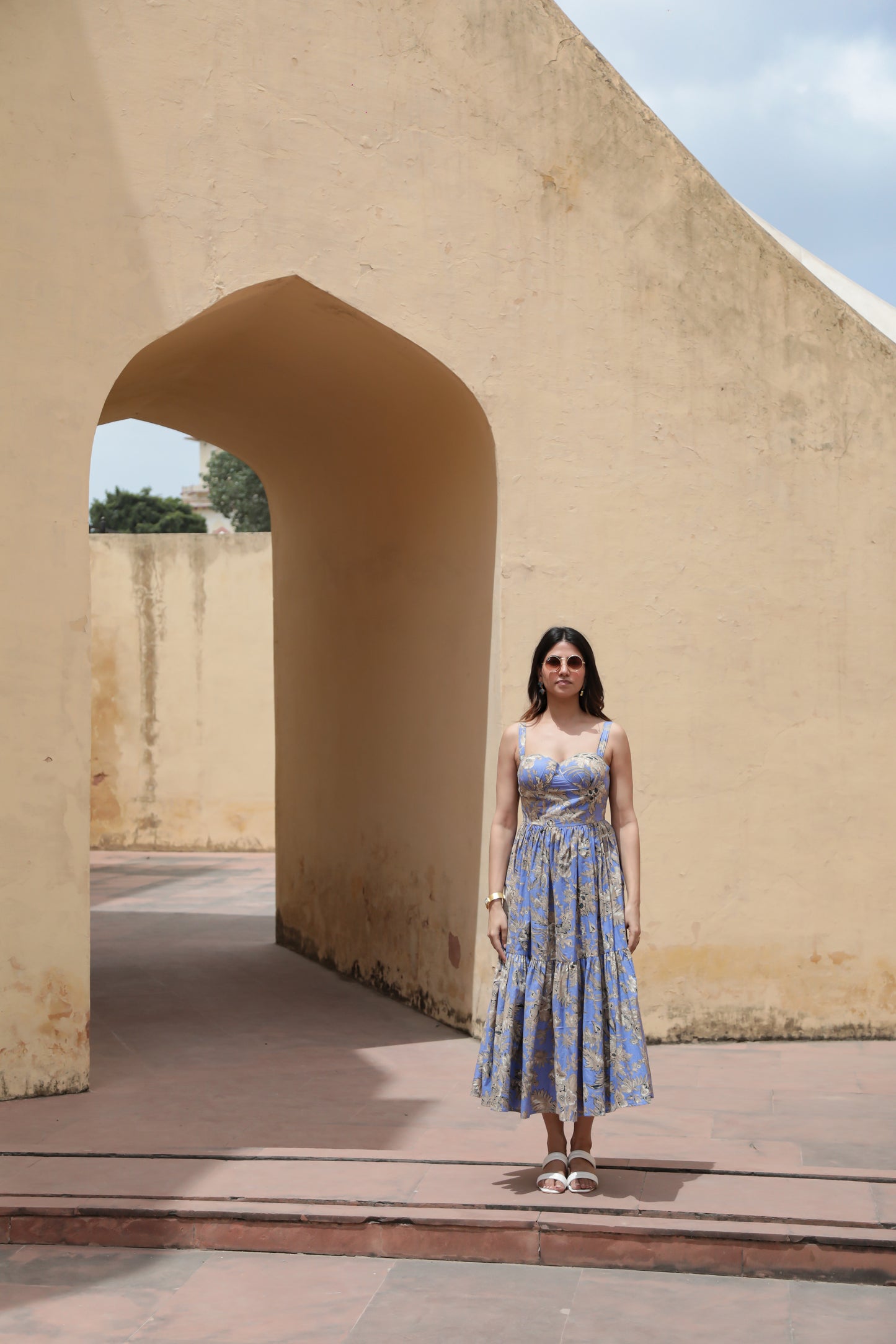 Lilac palm print strap midi dress