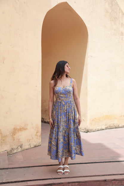 Lilac palm print strap midi dress