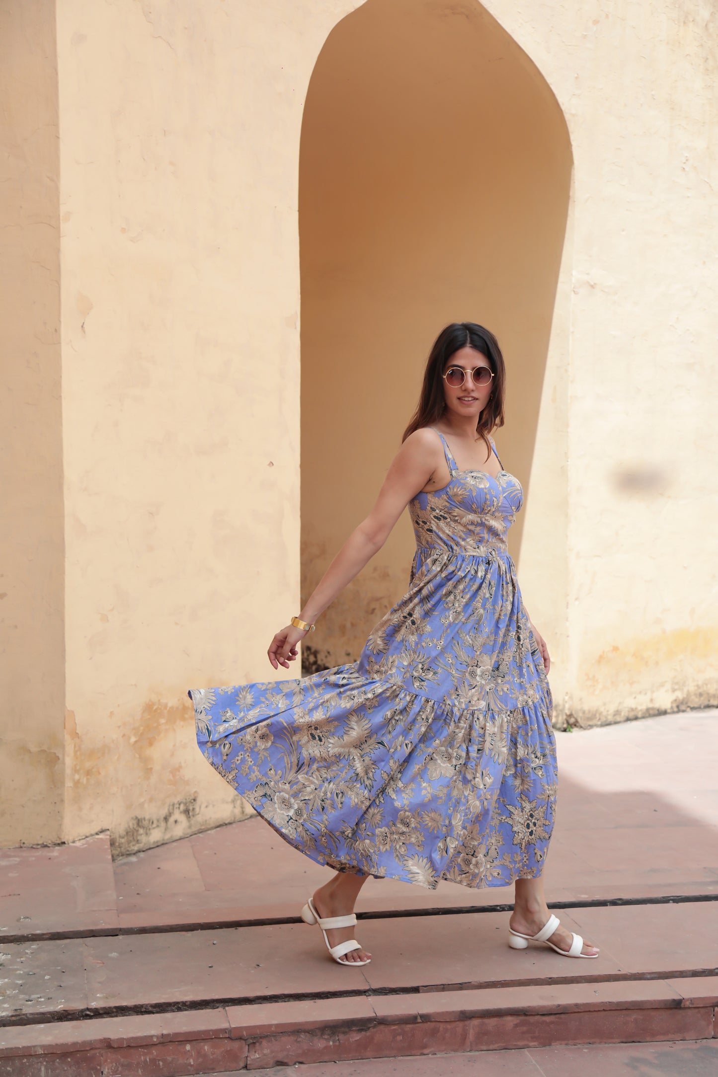 Lilac palm print strap midi dress