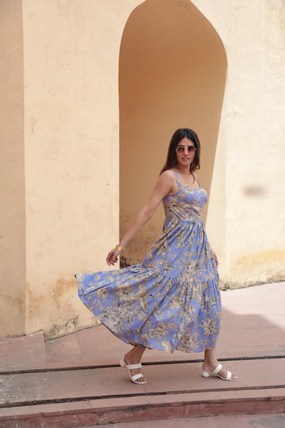 Lilac palm print strap midi dress