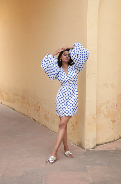 Blue polka deep V-neck bodycon dress