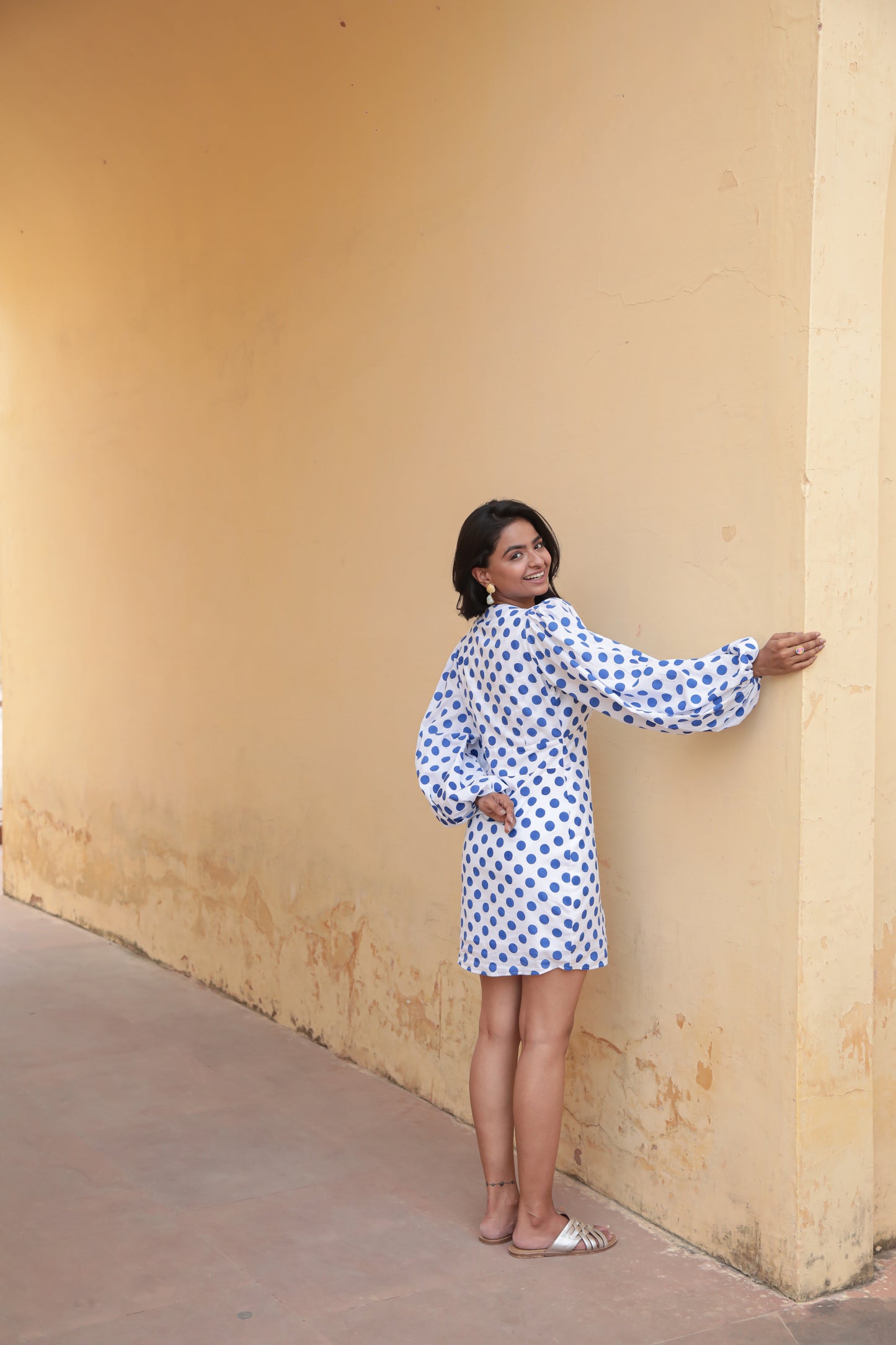 Blue polka deep V-neck bodycon dress