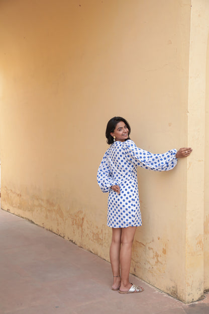 Blue polka deep V-neck bodycon dress