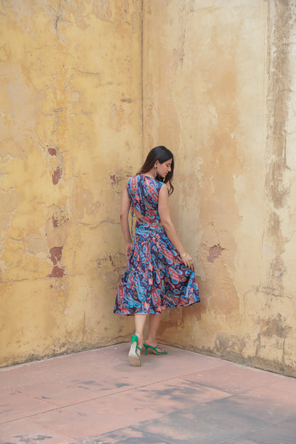 One side waist cut-out purple paisley cotton printed dress