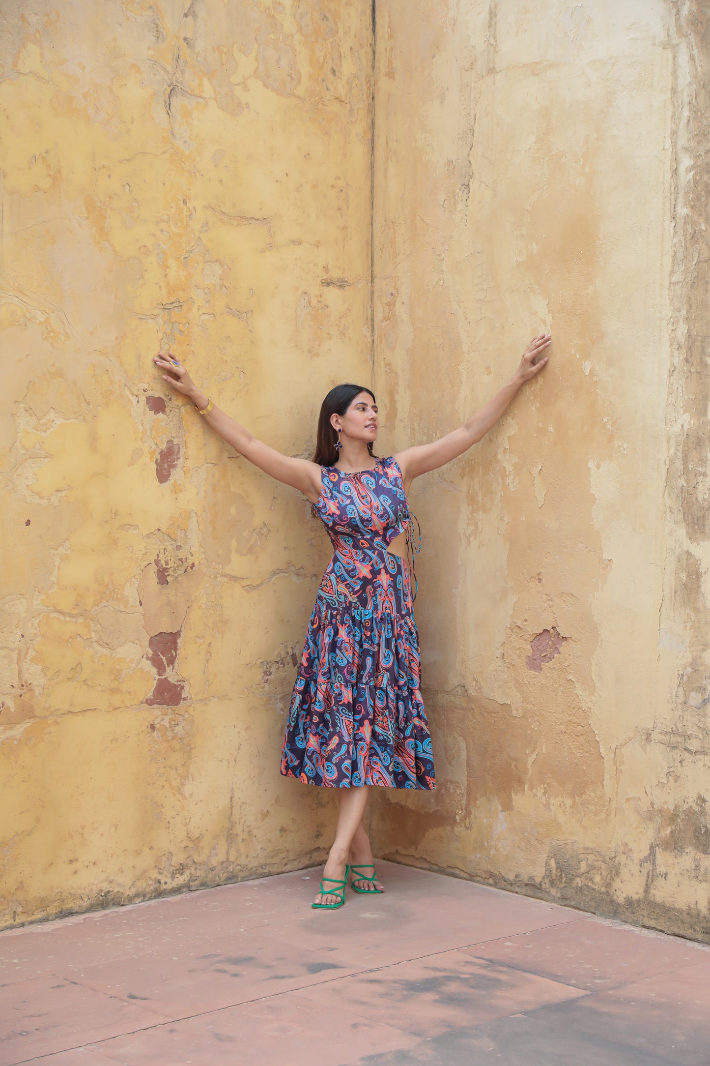 One side waist cut-out purple paisley cotton printed dress