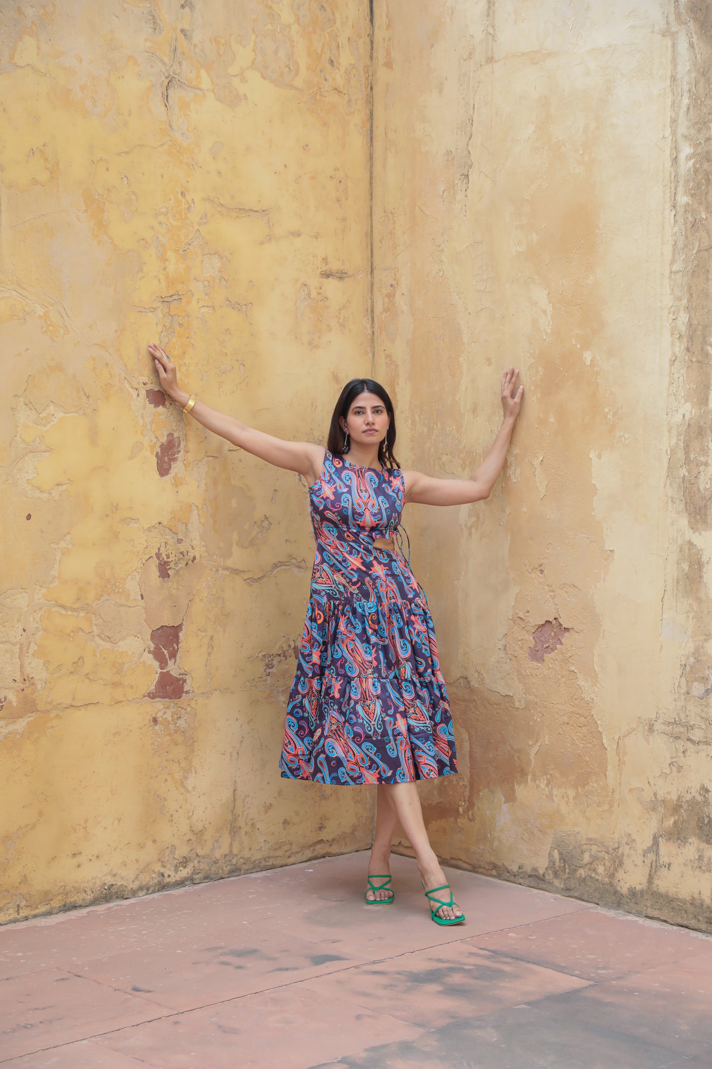 One side waist cut-out purple paisley cotton printed dress