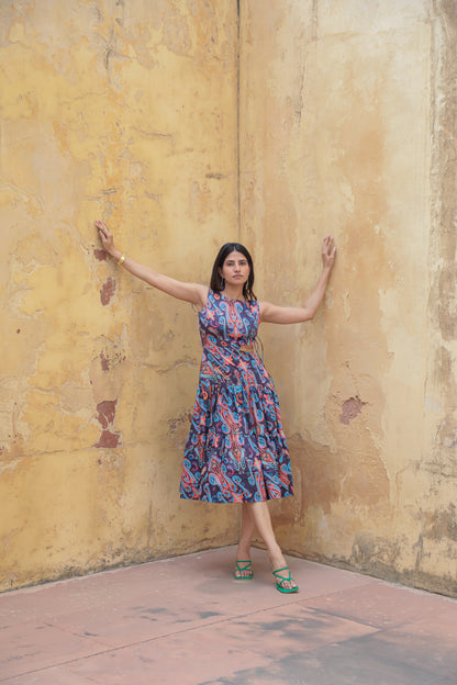 One side waist cut-out purple paisley cotton printed dress