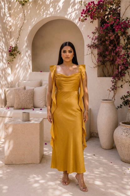 Amber Glow Satin Midi Dress