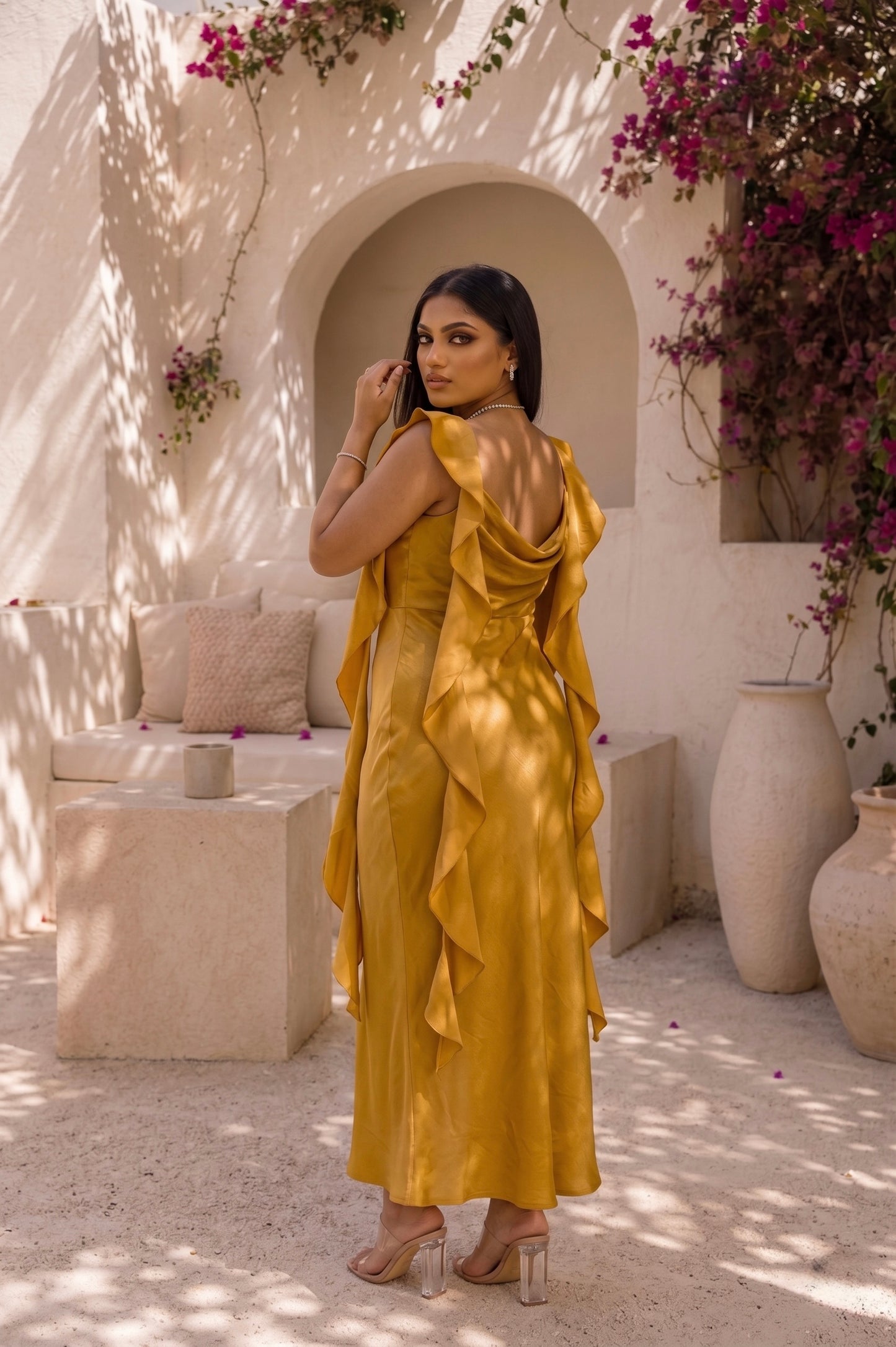 Amber Glow Satin Midi Dress
