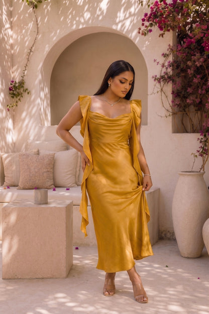 Amber Glow Satin Midi Dress
