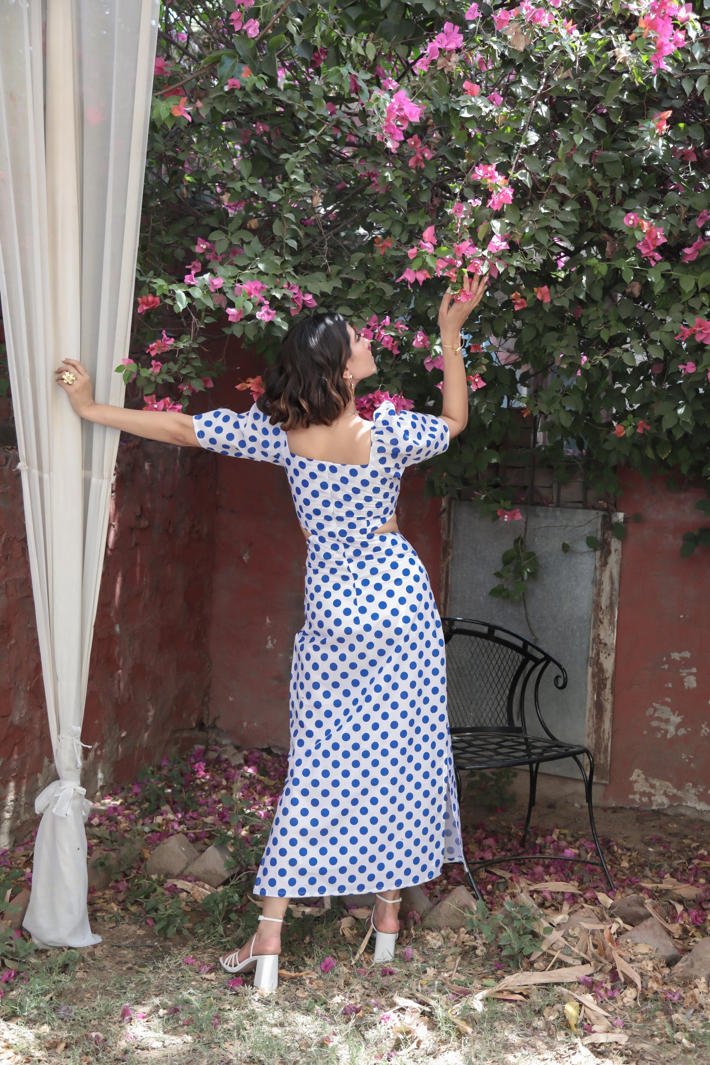 Blue Polka Side Slit & Waist Cut-out Maxi Dress