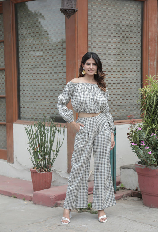 Black & White Checkerred Print Off Shoulder Crop Top With Flarred Pants Set