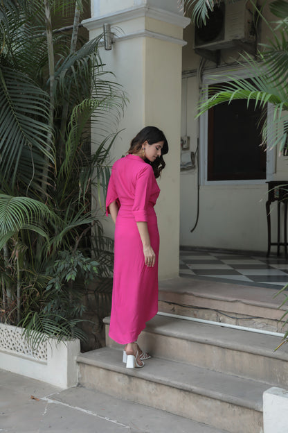 Hot Pink Gathered Overlapped Shirt Style Maxi Dress