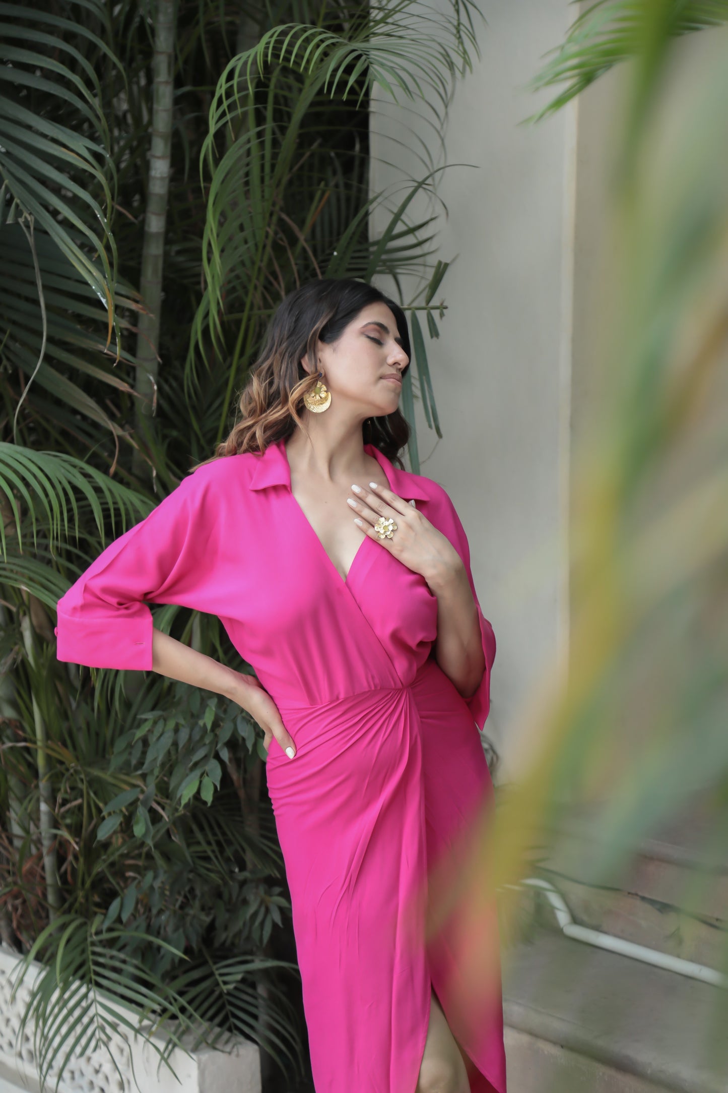 Hot Pink Gathered Overlapped Shirt Style Maxi Dress