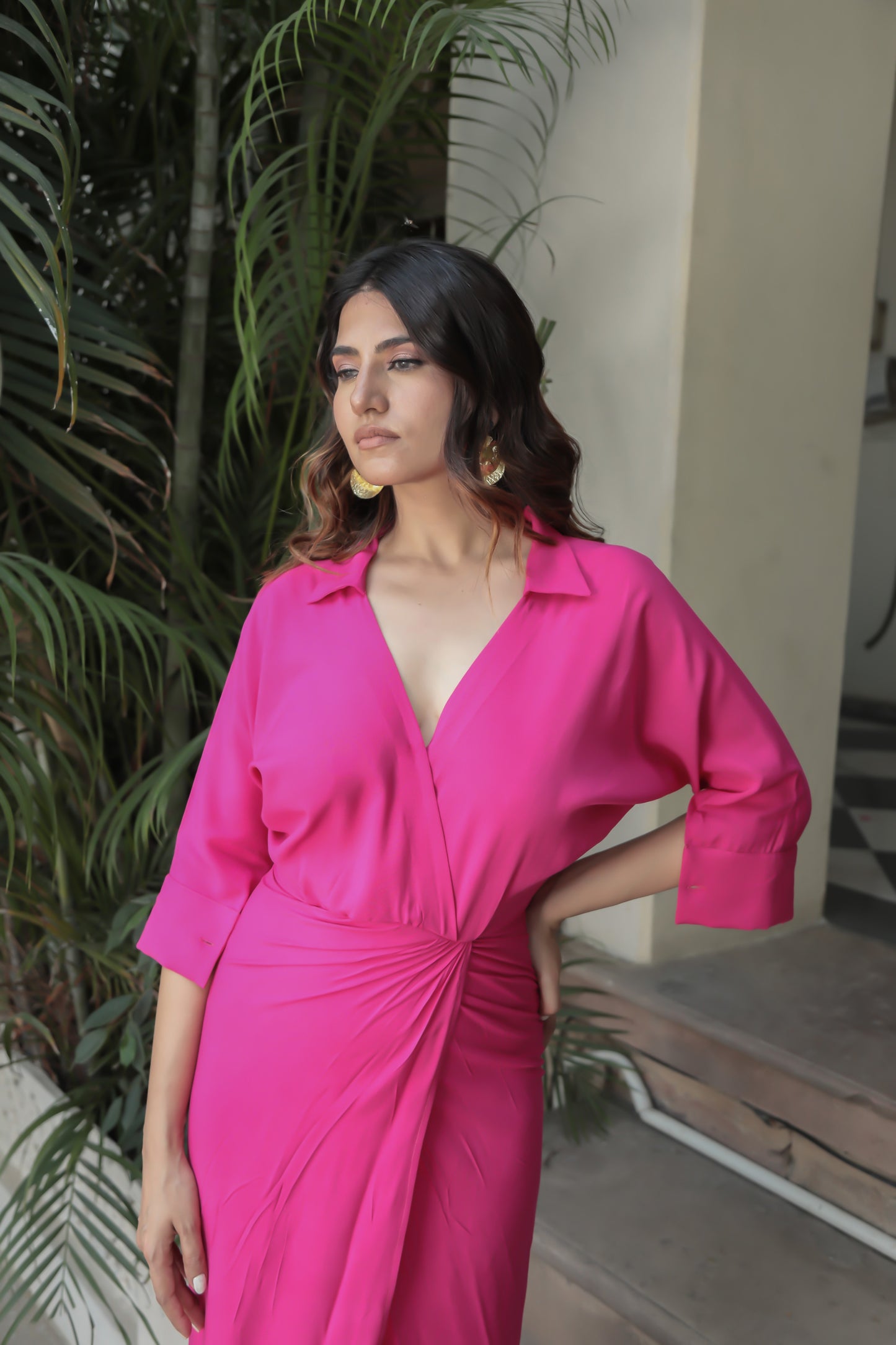 Hot Pink Gathered Overlapped Shirt Style Maxi Dress