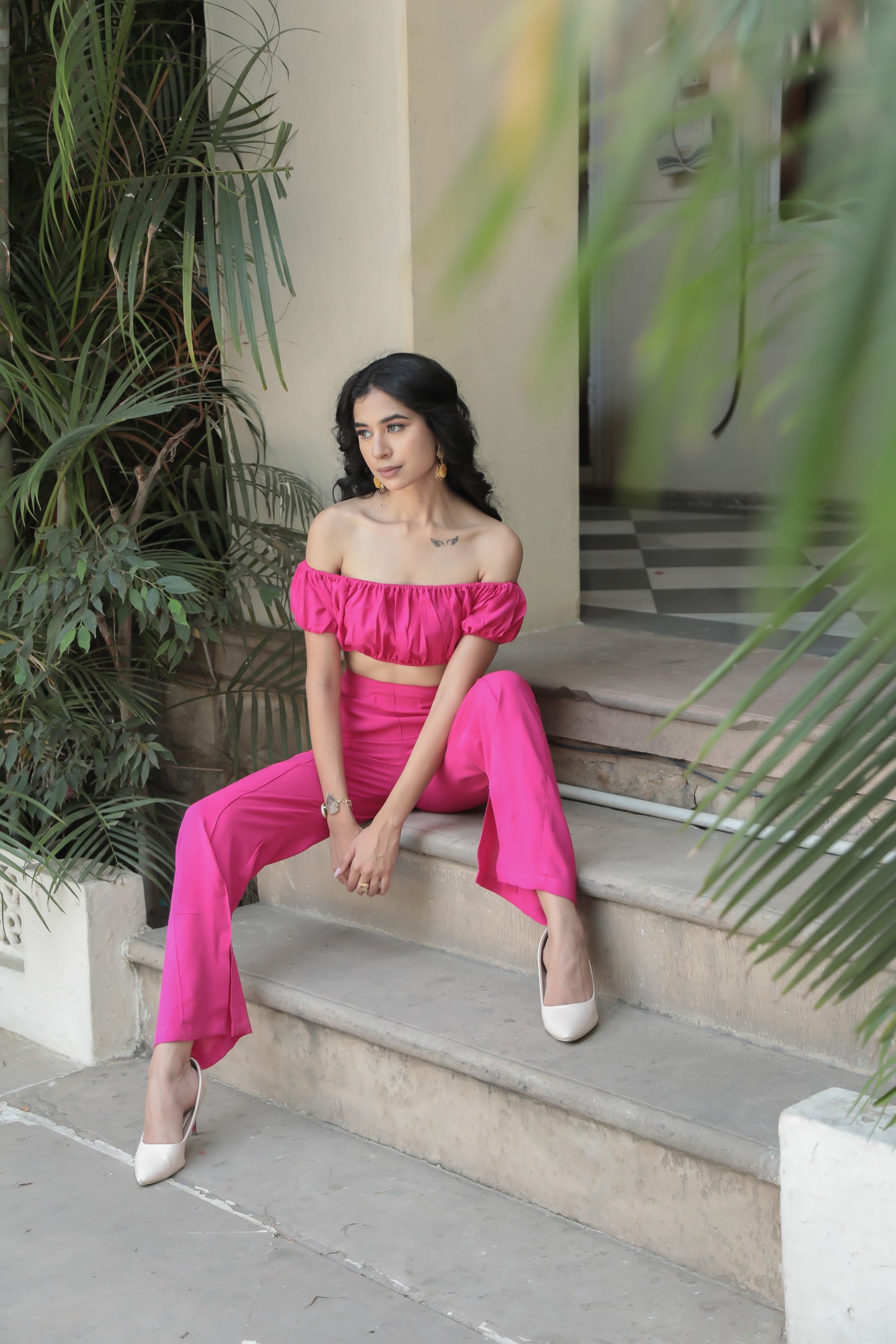 Hot Pink Gathered Off Shoulder Crop Top With Flarred Pants Set