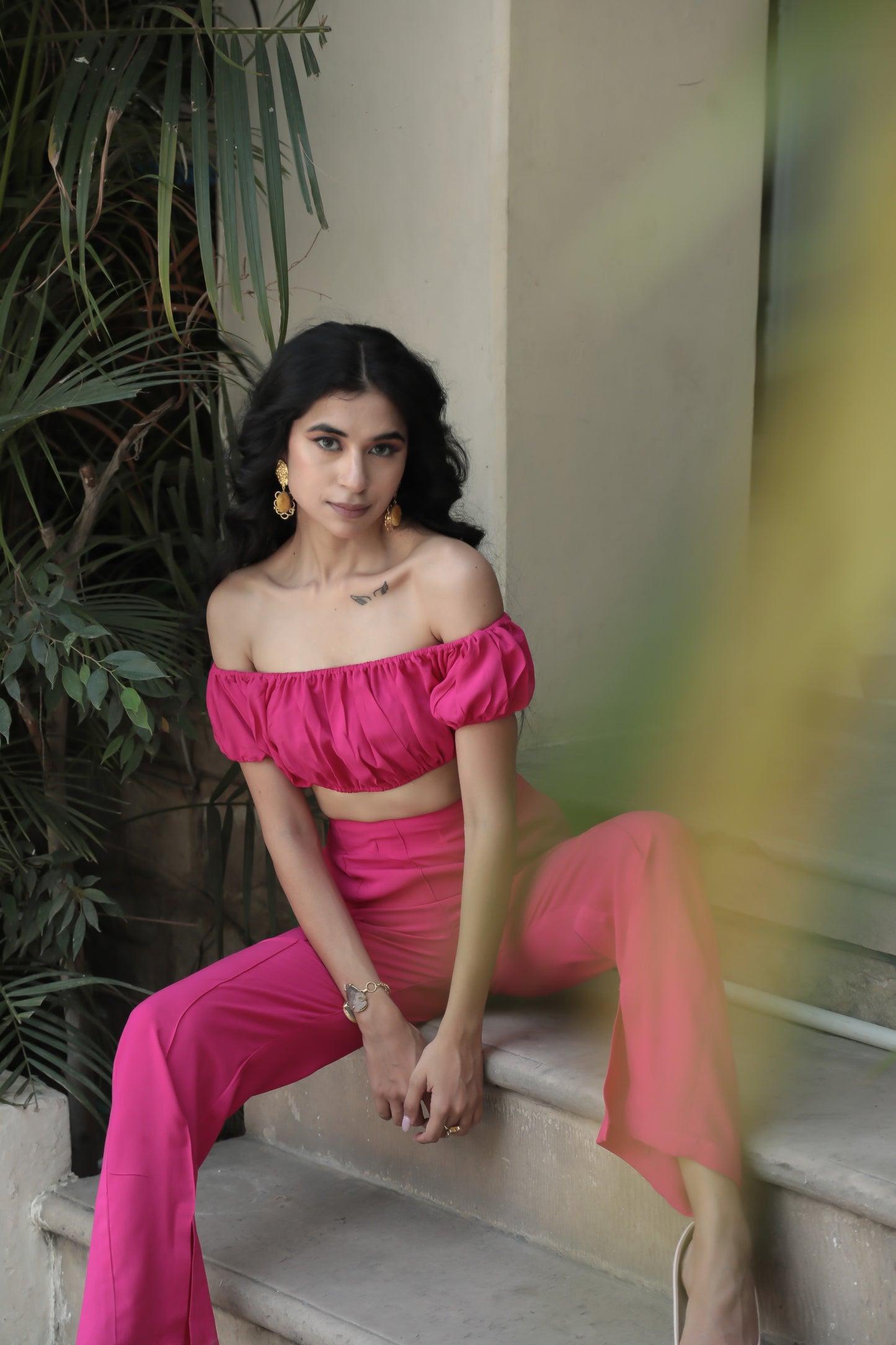 Hot Pink Gathered Off Shoulder Crop Top With Flarred Pants Set