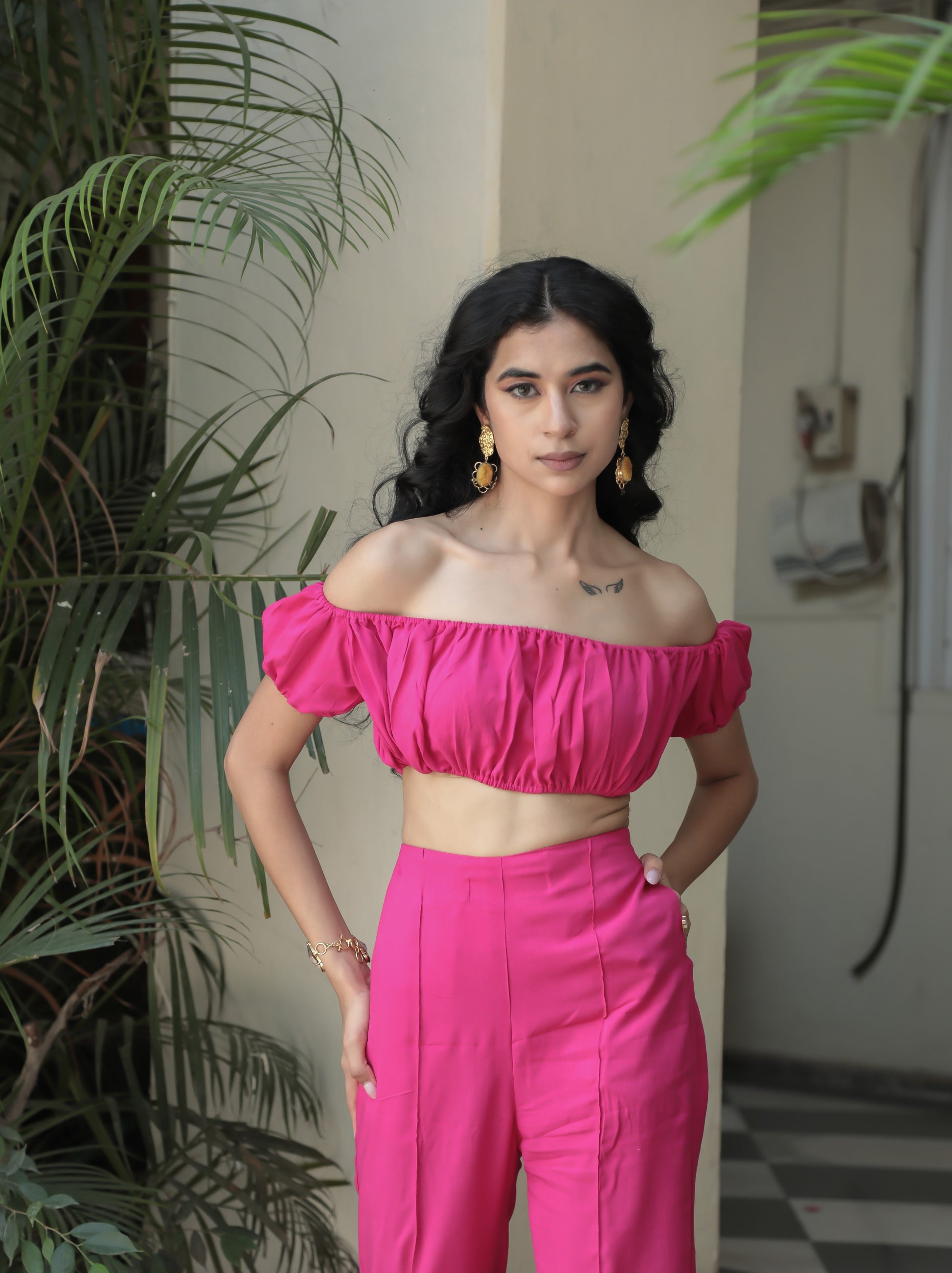 Hot Pink Gathered Off Shoulder Crop Top with Flared Pants Co-ord