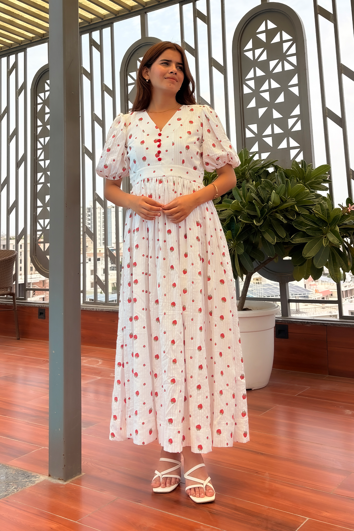 fitted lace wedding dress Strawberry Print Balloon Sleeve Maxi Dress – Moonstruck