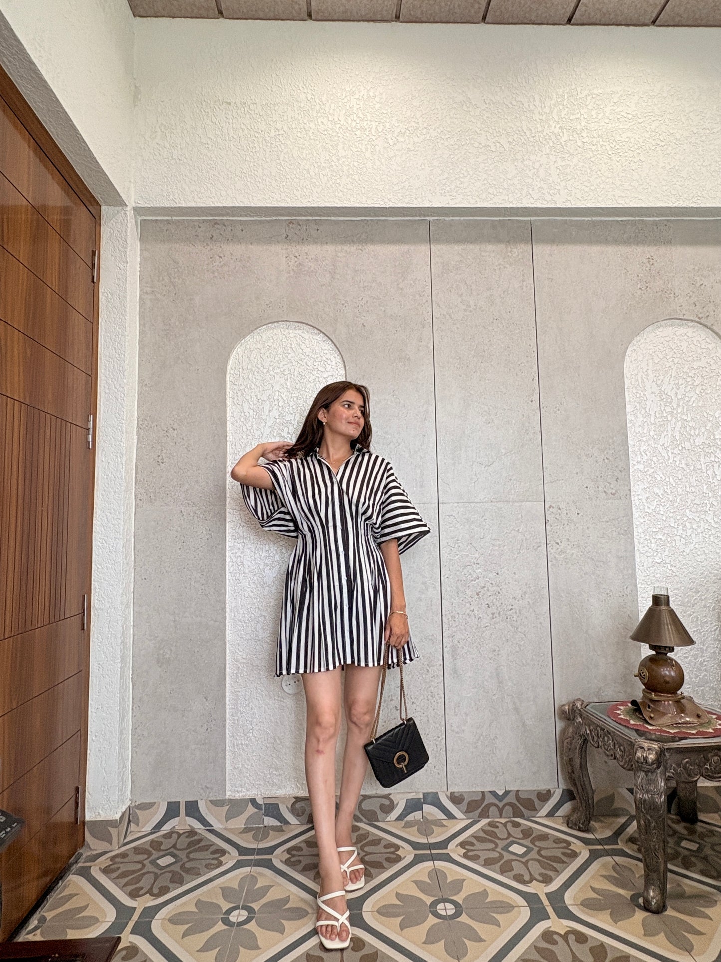 Monochrome Striped Flare Shirt Dress