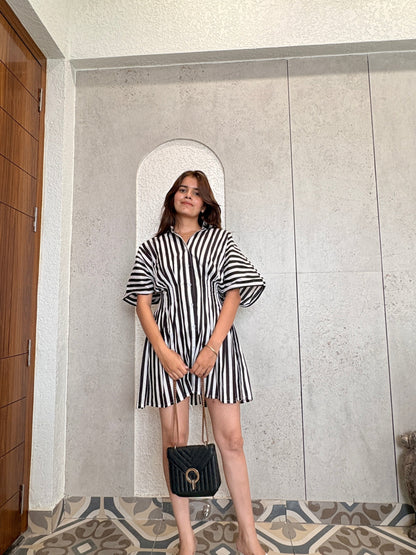 Monochrome Striped Flare Shirt Dress