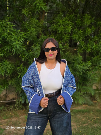 Contrast white piping dark blue quilted jacket