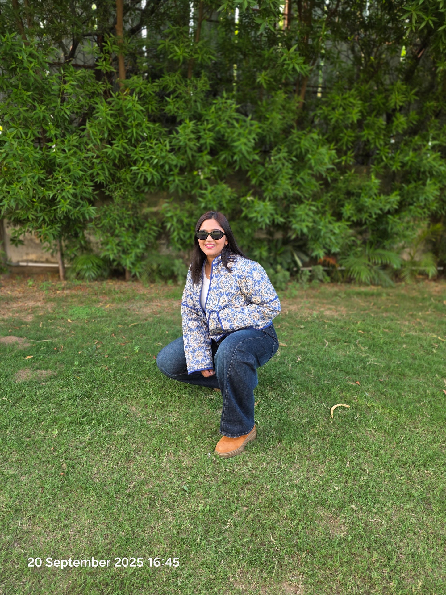 Patch pocket blue quilted jacket