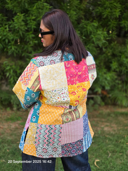 Patch print multi color quilted jacket