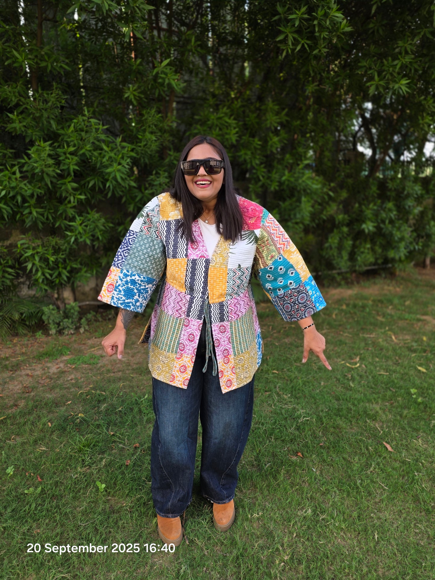 Patch print multi color quilted jacket