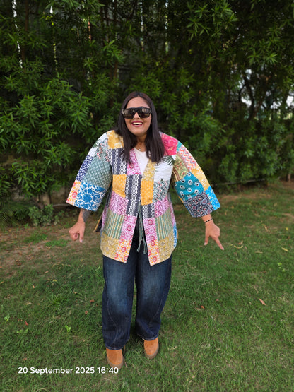 Patch print multi color quilted jacket