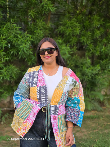 Patch print multi color quilted jacket