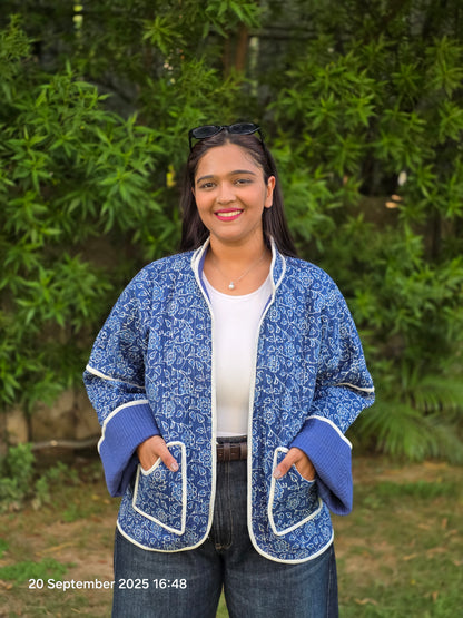 Contrast white piping dark blue quilted jacket