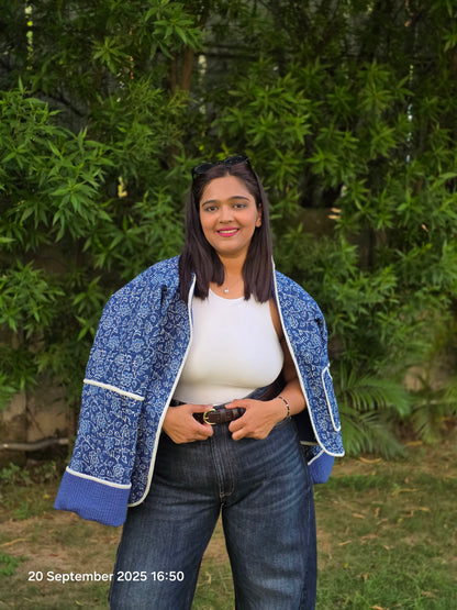 Contrast white piping dark blue quilted jacket