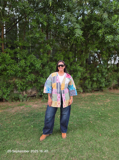 Patch print multi color quilted jacket