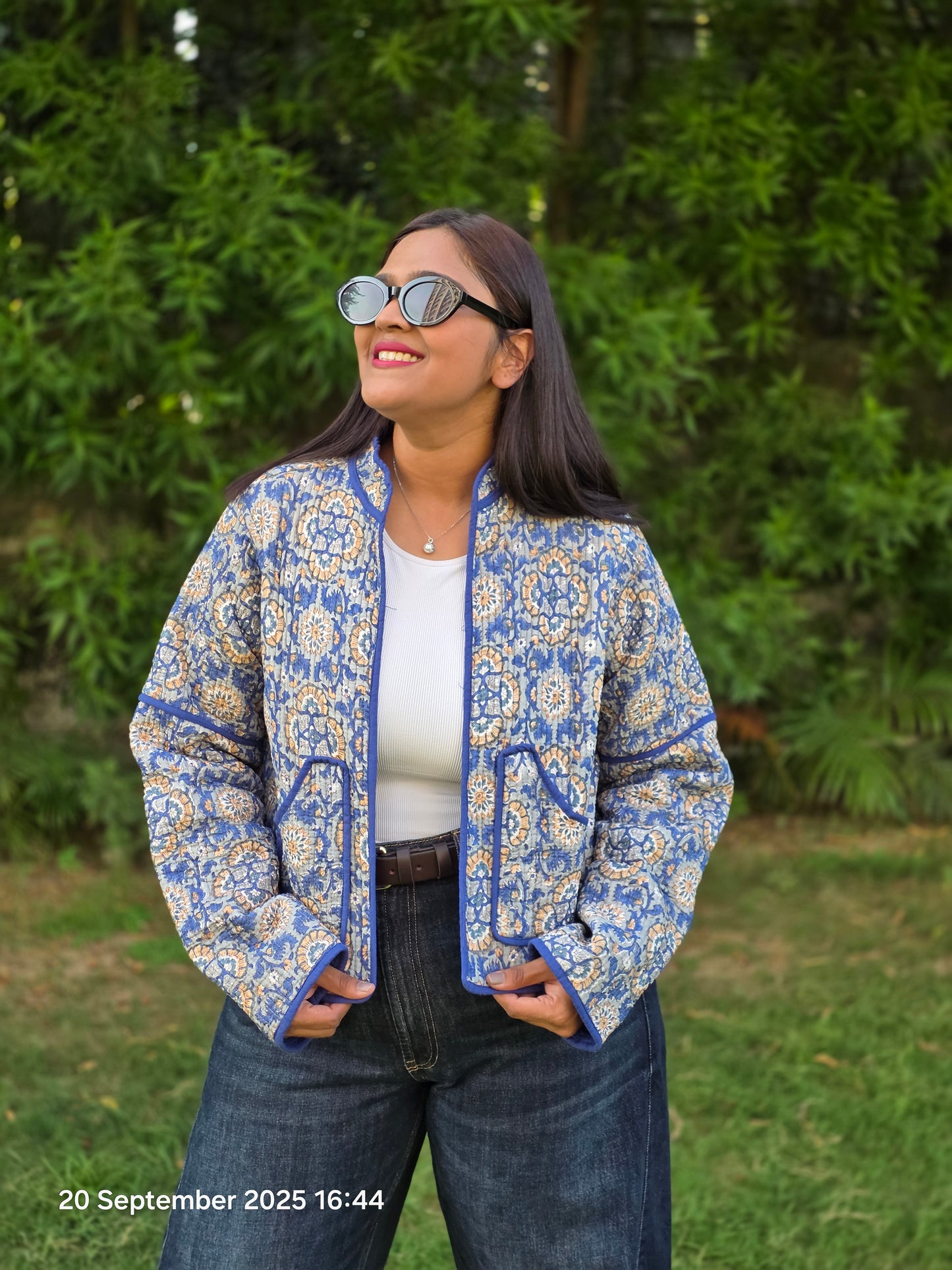 Patch pocket blue quilted jacket
