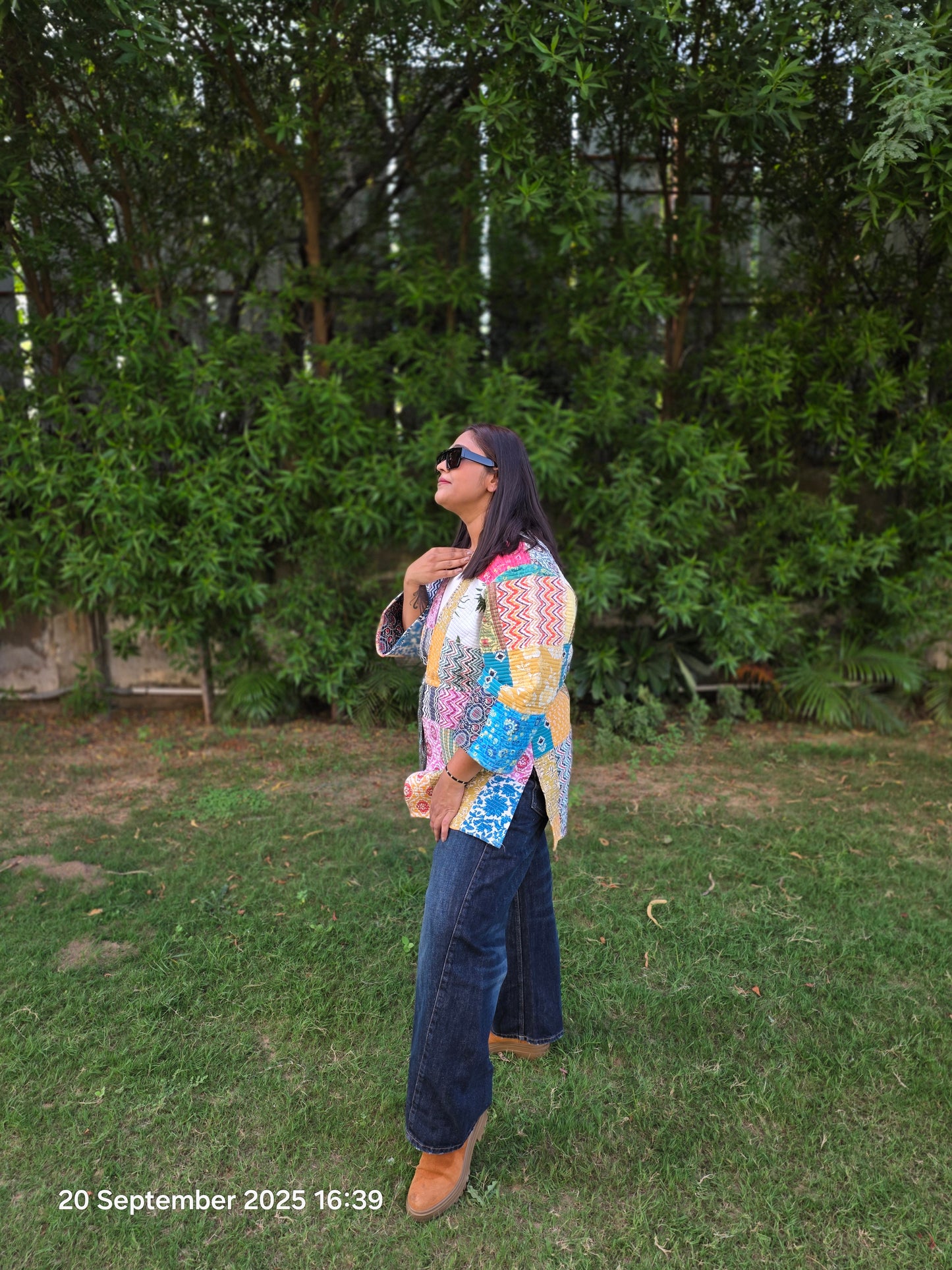 Patch print multi color quilted jacket