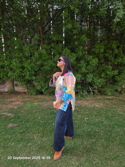 Patch print multi color quilted jacket