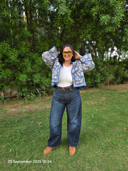 Patch pocket blue quilted jacket