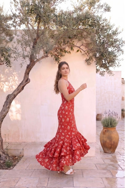Senorita Halter Maxi Dress – Red Floral