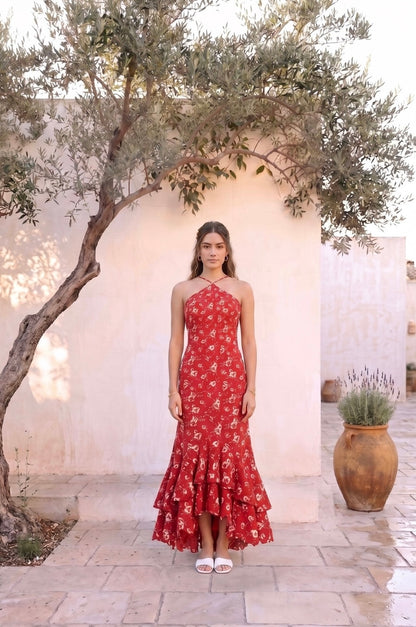 Senorita Halter Maxi Dress – Red Floral