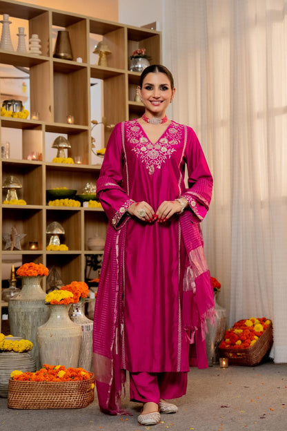 Magenta Pink V-neck Suit with Dupatta