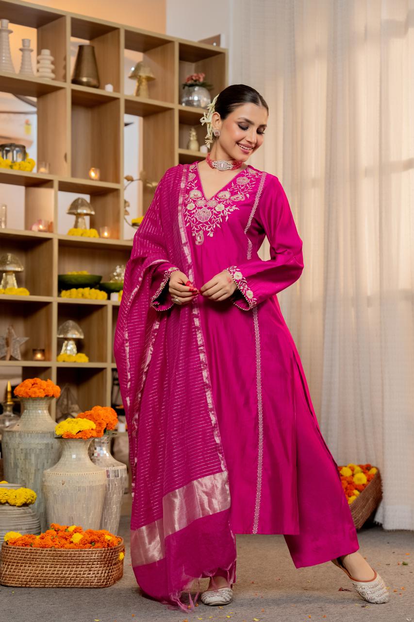 Magenta Pink V-neck Suit with Dupatta