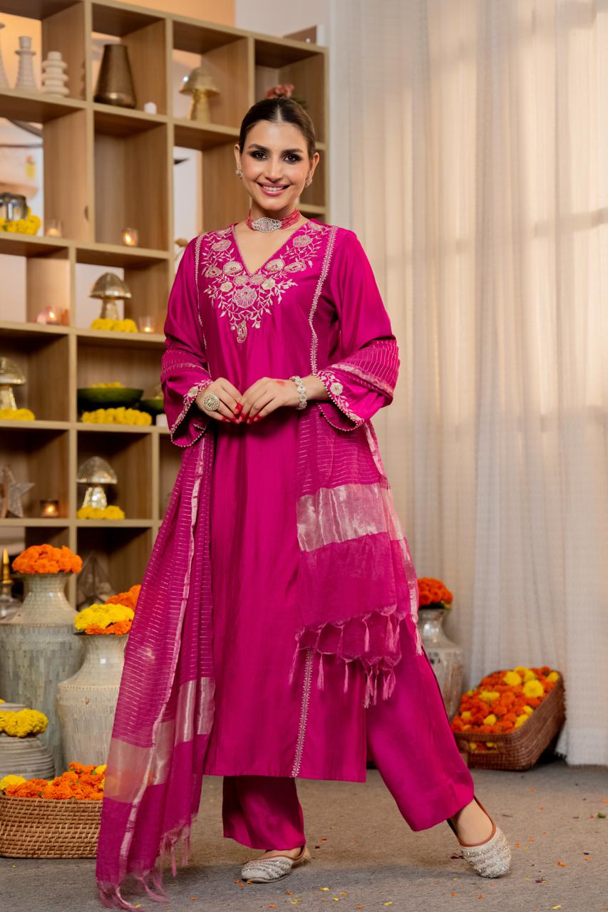 Magenta Pink V-neck Suit with Dupatta