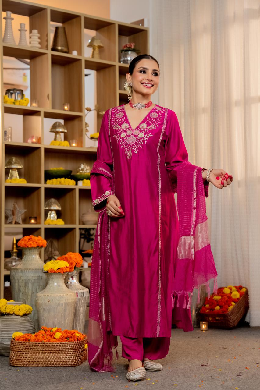 Magenta Pink V-neck Suit with Dupatta