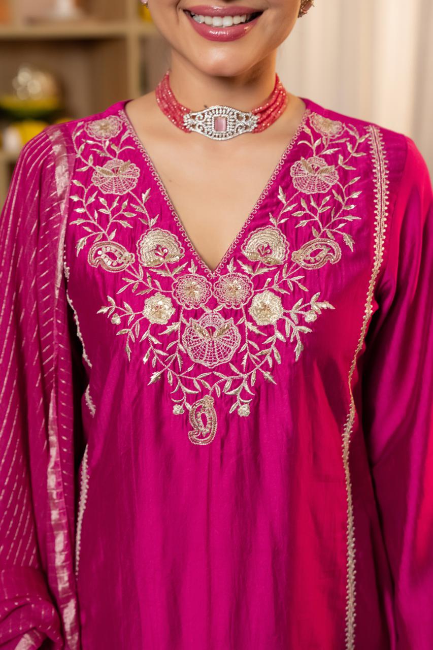 Magenta Pink V-neck Suit with Dupatta