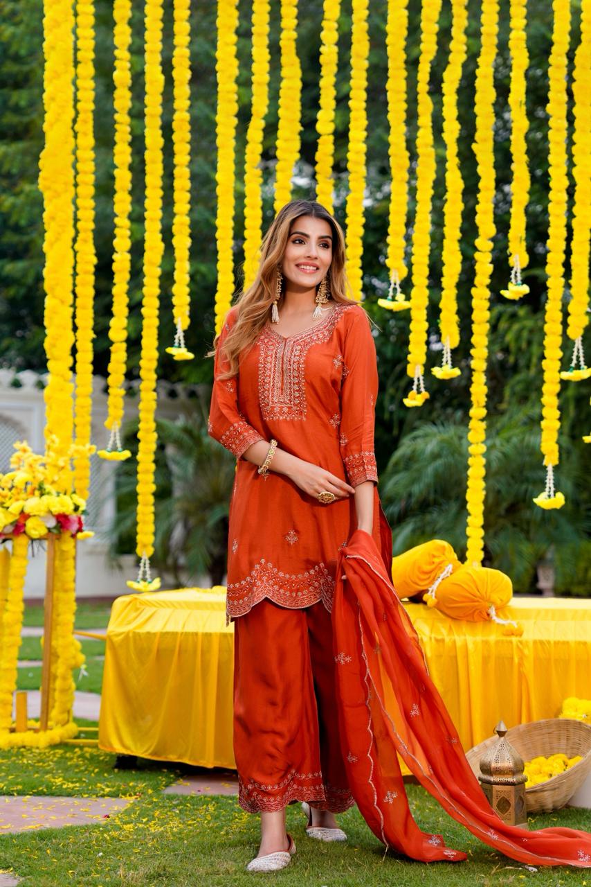 Deep Orange Scallop Hem Kurta with Pants Set